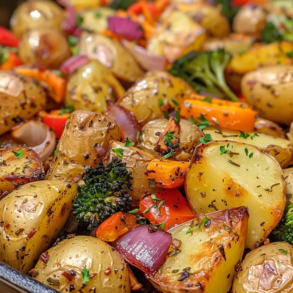 ['Close-up of roasted potatoes and colorful vegetables with garlic and herbs.', 'Side view of crispy garlic herb potatoes and mixed vegetables on a plate.', 'Juicy roasted baby potatoes, carrots, broccoli, and bell peppers seasoned with herbs.', 'A vibrant array of garlic herb roasted vegetables served together, showcasing textures.']
