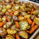 ['Close-up view of roasted potatoes, carrots, and zucchini with garlic and herbs.', 'Juicy garlic herb roasted vegetables including baby potatoes, carrots, and zucchini.', 'Side view of a vibrant dish featuring roasted garlic herb veggies on a plate.', 'Colorful close-up of seasoned roasted potatoes and zucchini with herbs and garlic.']