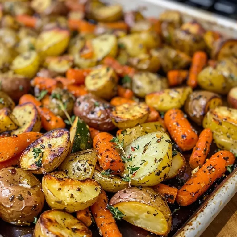 ['Close-up view of roasted potatoes, carrots, and zucchini with garlic and herbs.', 'Juicy garlic herb roasted vegetables including baby potatoes, carrots, and zucchini.', 'Side view of a vibrant dish featuring roasted garlic herb veggies on a plate.', 'Colorful close-up of seasoned roasted potatoes and zucchini with herbs and garlic.']
