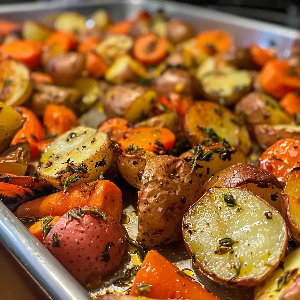 ['Close-up view of roasted potatoes, carrots, and zucchini with garlic and herbs.', 'Juicy garlic herb roasted vegetables including baby potatoes, carrots, and zucchini.', 'Side view of a vibrant dish featuring roasted garlic herb veggies on a plate.', 'Colorful close-up of seasoned roasted potatoes and zucchini with herbs and garlic.']