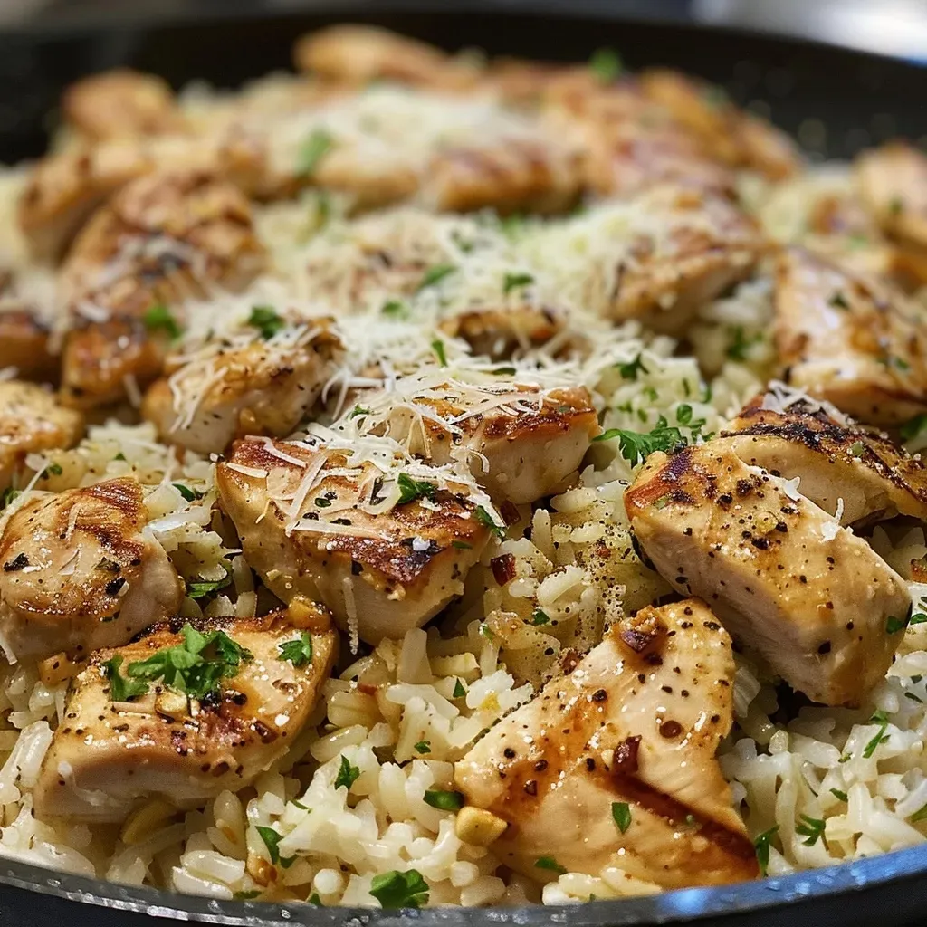 ['Close-up of Garlic Parmesan Chicken Rice Skillet with diced chicken and rice.', 'Juicy Garlic Parmesan Chicken Rice Skillet featuring parsley garnish on top.', 'Mouthwatering Garlic Parmesan Chicken Rice Skillet showing vibrant ingredients.', 'Side view of a flavorful Garlic Parmesan Chicken Rice Skillet in a skillet.']