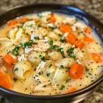 ['Close-up view of a bowl of Garlic Parmesan Chicken Soup, showcasing shredded chicken and vegetables.', 'A side view image of creamy Garlic Parmesan Chicken Soup garnished with croutons.', 'Delicious Garlic Parmesan Chicken Soup in a bowl, featuring tender chicken and fresh herbs.', 'Rich and creamy Garlic Parmesan Chicken Soup, filled with diced carrots and topped with croutons.']