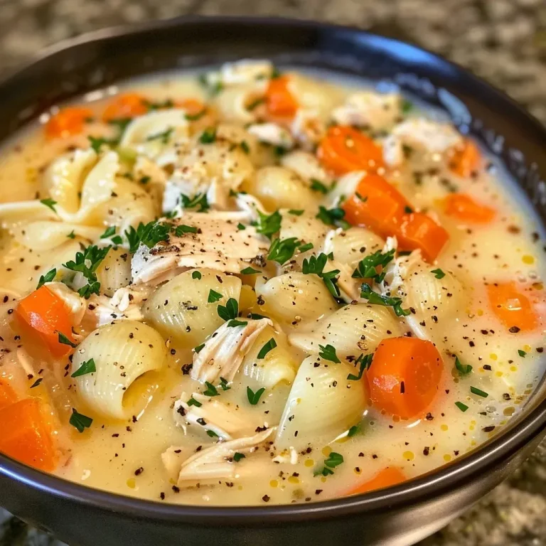 ['Close-up view of a bowl of Garlic Parmesan Chicken Soup, showcasing shredded chicken and vegetables.', 'A side view image of creamy Garlic Parmesan Chicken Soup garnished with croutons.', 'Delicious Garlic Parmesan Chicken Soup in a bowl, featuring tender chicken and fresh herbs.', 'Rich and creamy Garlic Parmesan Chicken Soup, filled with diced carrots and topped with croutons.']