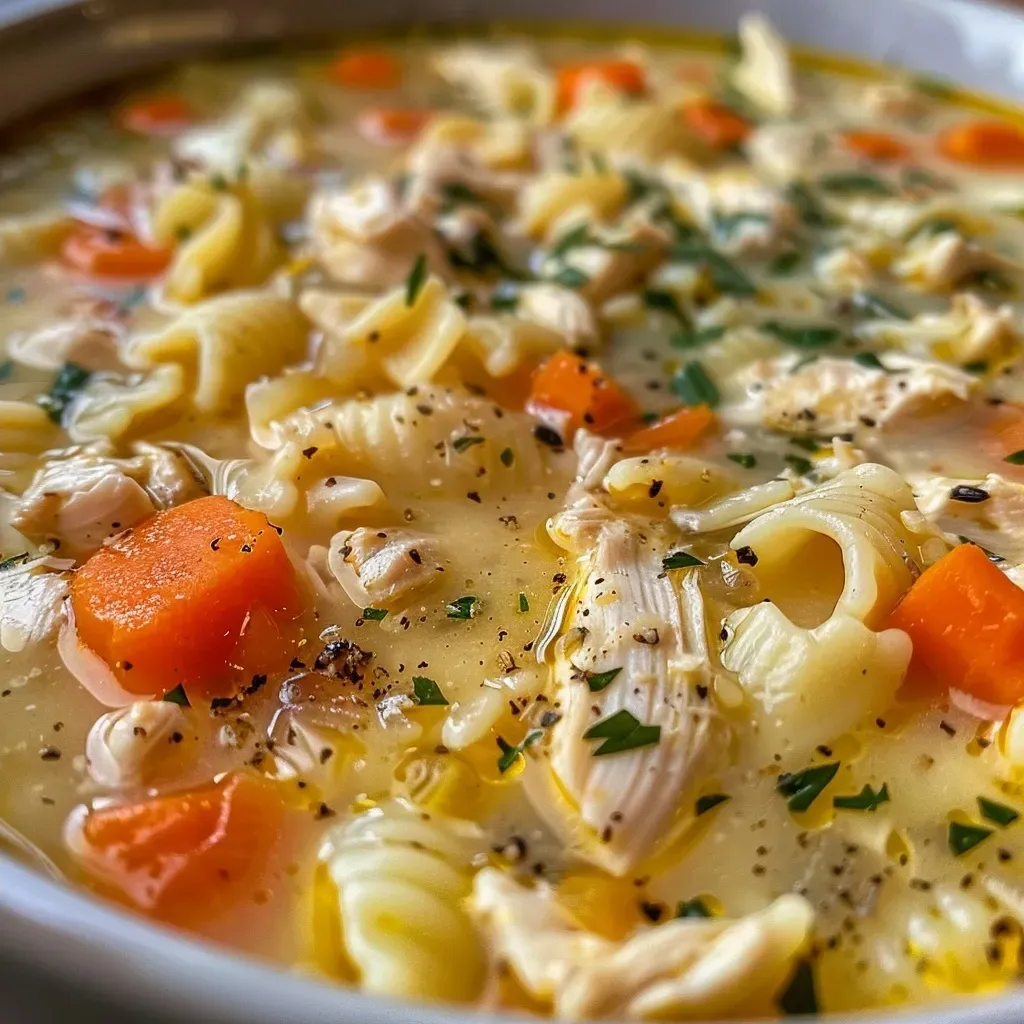 ['Close-up view of a bowl of Garlic Parmesan Chicken Soup, showcasing shredded chicken and vegetables.', 'A side view image of creamy Garlic Parmesan Chicken Soup garnished with croutons.', 'Delicious Garlic Parmesan Chicken Soup in a bowl, featuring tender chicken and fresh herbs.', 'Rich and creamy Garlic Parmesan Chicken Soup, filled with diced carrots and topped with croutons.']
