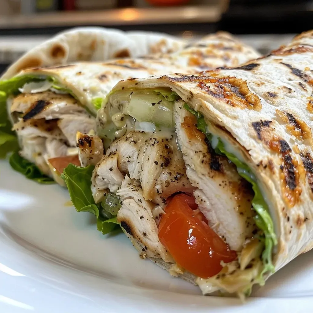 ['Close-up view of a juicy Garlic Parmesan Chicken Wrap, showcasing the filling and tortilla.', 'Side angle of a Garlic Parmesan Chicken Wrap filled with chicken, lettuce, and cheese.', 'Detailed image of a Chicken Wrap highlighting fresh ingredients like garlic and Parmesan cheese.', 'Juicy Garlic Parmesan Chicken Wrap featuring vibrant colors of lettuce and tomatoes.']