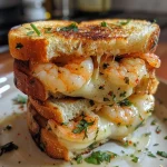 ['Close-up view of a grilled cheese sandwich filled with garlic shrimp.', 'Side view of a juicy garlic shrimp grilled cheese with melted cheese.', 'Artisan bread sandwich showcasing shrimp and melted cheese.', 'Delicious garlic shrimp grilled cheese with herbs and spices visible.']