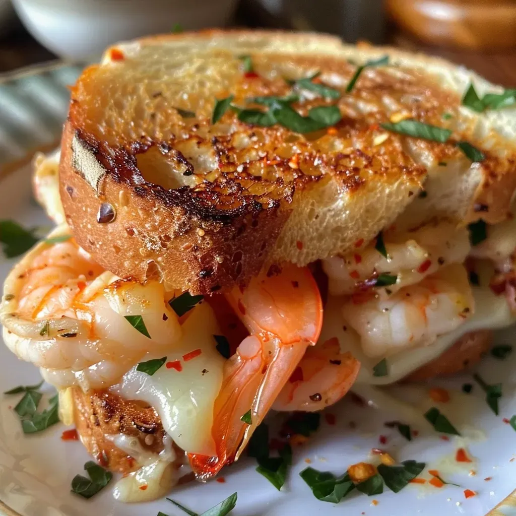 ['Close-up view of a grilled cheese sandwich filled with garlic shrimp.', 'Side view of a juicy garlic shrimp grilled cheese with melted cheese.', 'Artisan bread sandwich showcasing shrimp and melted cheese.', 'Delicious garlic shrimp grilled cheese with herbs and spices visible.']