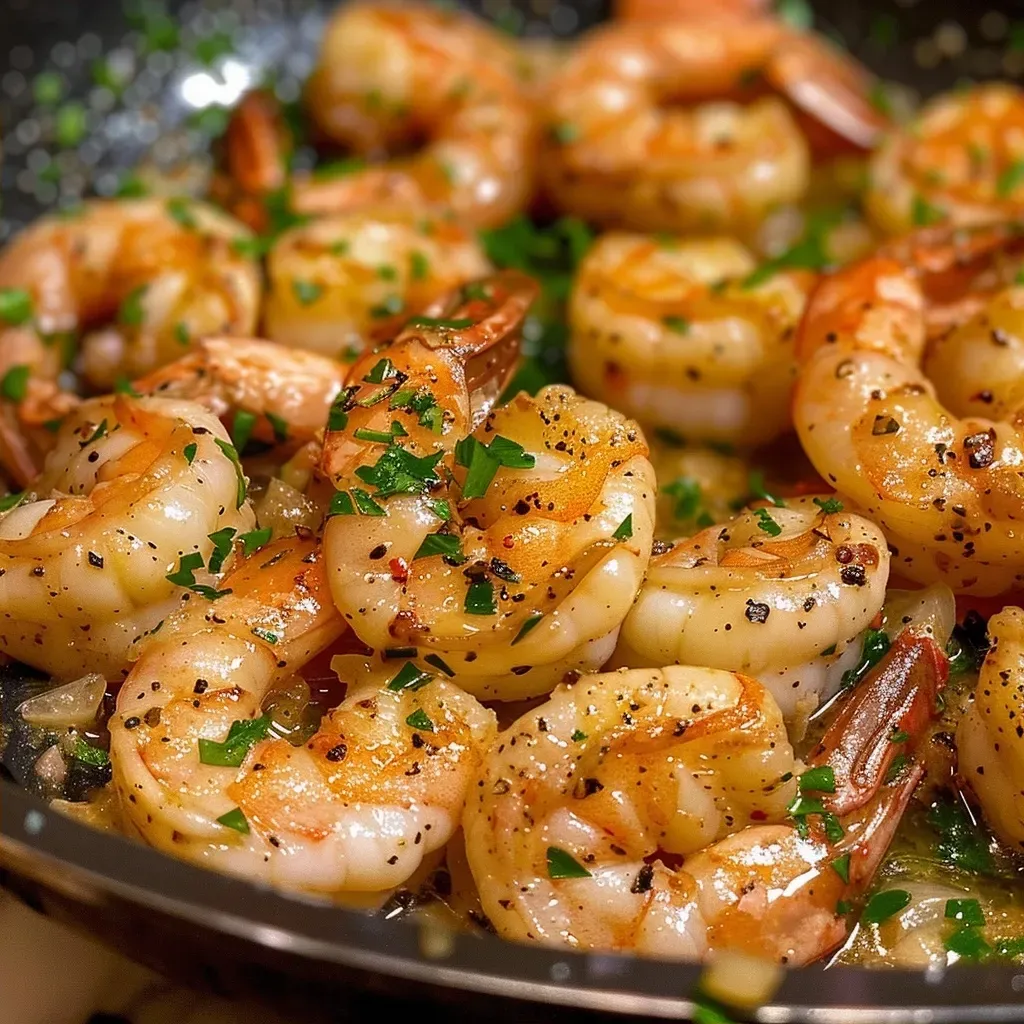 ['A close-up view of a Garlic Shrimp Skillet showcasing plump shrimp and aromatic garlic.', 'Juicy shrimp in a buttery sauce, garnished with fresh parsley and lemon zest.', 'Pan-seared garlic shrimp glistening with melted butter and sprinkled with red pepper flakes.', 'A vibrant skillet filled with perfectly cooked shrimp, garlic, and herbs.']