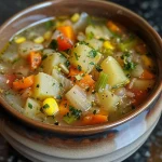 ['Close-up view of a bowl of garlic vegetable soup, showcasing colorful vegetables.', 'A side view of delicious garlic vegetable soup with visible chunks of fresh ingredients.', 'Detailed photo of garlic vegetable soup with vibrant veggies like carrots and bell peppers.', 'Side angle of a steaming bowl of garlic vegetable soup filled with various vegetables.']