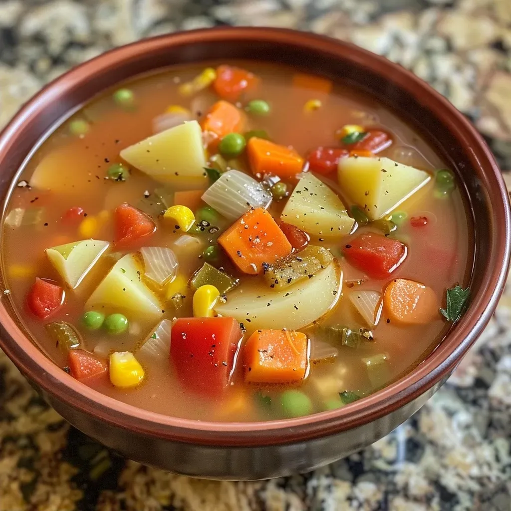 ['Close-up view of a bowl of garlic vegetable soup, showcasing colorful vegetables.', 'A side view of delicious garlic vegetable soup with visible chunks of fresh ingredients.', 'Detailed photo of garlic vegetable soup with vibrant veggies like carrots and bell peppers.', 'Side angle of a steaming bowl of garlic vegetable soup filled with various vegetables.']