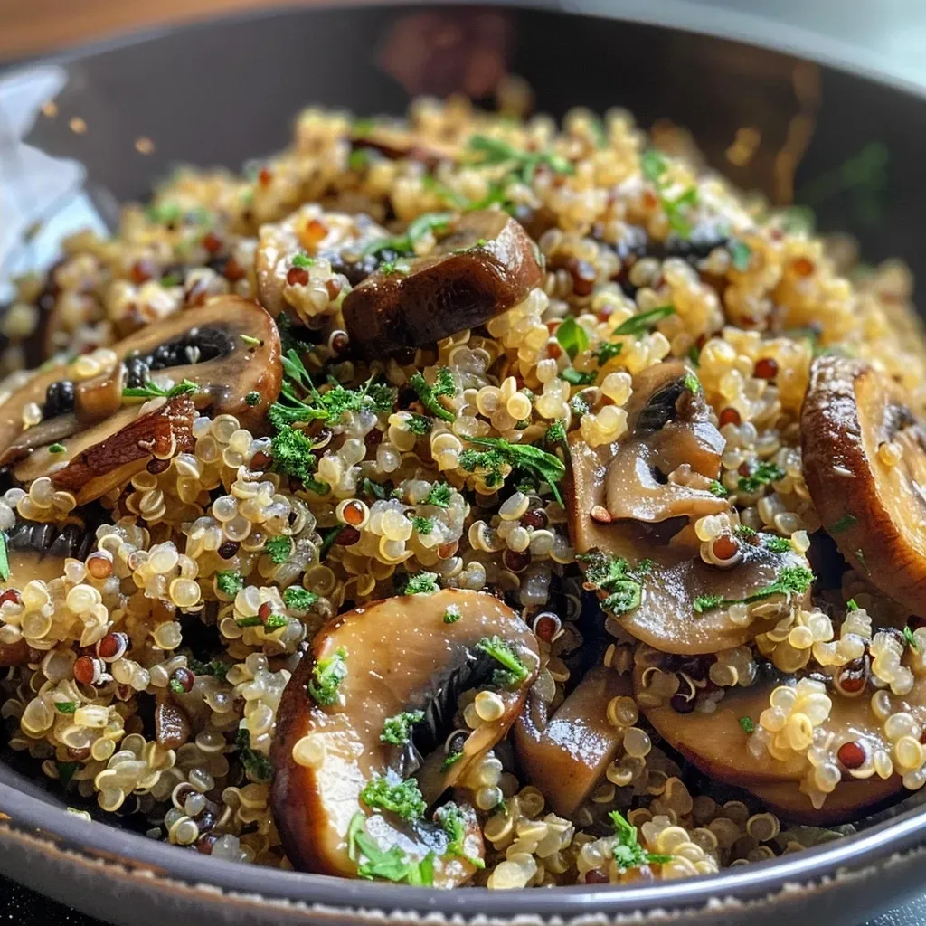 ['Close-up view of a bowl of Garlicky Mushroom Quinoa with mushrooms and quinoa visibly mixed.', 'Side view of a delicious serving of Garlicky Mushroom Quinoa, highlighting mushrooms and garnishes.', 'A rich, textured dish of Garlicky Mushroom Quinoa, showcasing the vibrant mushrooms and grains.', 'Detailed image of Garlicky Mushroom Quinoa, featuring sliced cremini mushrooms and cooked quinoa.']