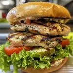 ['A close-up view of a juicy grilled chicken sandwich with lettuce and tomato on a toasted bun.', 'Side view of a grilled chicken sandwich showcasing fresh ingredients and golden toasted bread.', 'Detailed look at a delicious grilled chicken sandwich, featuring layers of lettuce, tomato, and mayo.', 'Juicy grilled chicken sandwich displayed with crisp lettuce and ripe tomato on a toasted bun.']