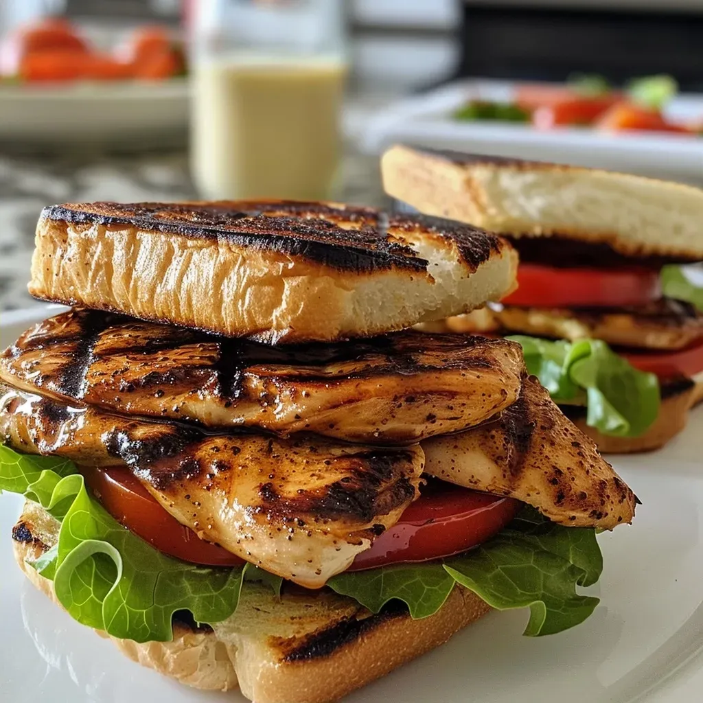['A close-up view of a juicy grilled chicken sandwich with lettuce and tomato on a toasted bun.', 'Side view of a grilled chicken sandwich showcasing fresh ingredients and golden toasted bread.', 'Detailed look at a delicious grilled chicken sandwich, featuring layers of lettuce, tomato, and mayo.', 'Juicy grilled chicken sandwich displayed with crisp lettuce and ripe tomato on a toasted bun.']