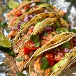 ['Close-up view of grilled salmon tacos topped with avocado salsa and lime wedges.', 'Juicy grilled salmon tacos garnished with diced avocados, cherry tomatoes, and red onion.', 'Side view of beautifully arranged grilled salmon tacos with fresh lime slices and cilantro.', 'Colorful presentation of salmon tacos featuring toppings of avocado and cherry tomatoes.']