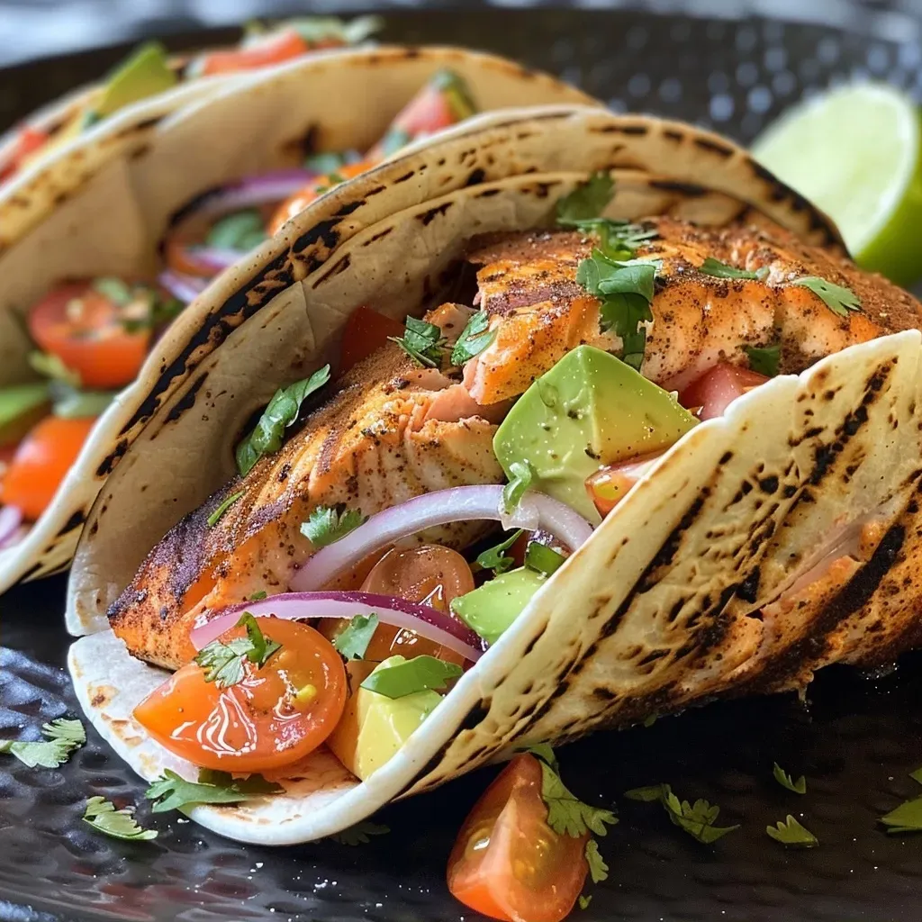 ['Close-up view of grilled salmon tacos topped with avocado salsa and lime wedges.', 'Juicy grilled salmon tacos garnished with diced avocados, cherry tomatoes, and red onion.', 'Side view of beautifully arranged grilled salmon tacos with fresh lime slices and cilantro.', 'Colorful presentation of salmon tacos featuring toppings of avocado and cherry tomatoes.']
