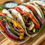 ['A close-up view of a grilled veggie wrap filled with colorful vegetables.', 'Side view of a juicy grilled veggie wrap showcasing its vibrant ingredients.', 'A delicious, sliced grilled veggie wrap displaying zucchini, bell pepper, and mushrooms.', 'A mouthwatering grilled veggie wrap with fresh greens and sauce peeking out.']