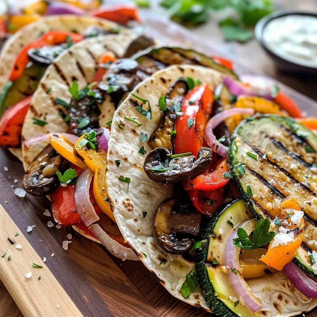 ['A close-up view of a grilled veggie wrap filled with colorful vegetables.', 'Side view of a juicy grilled veggie wrap showcasing its vibrant ingredients.', 'A delicious, sliced grilled veggie wrap displaying zucchini, bell pepper, and mushrooms.', 'A mouthwatering grilled veggie wrap with fresh greens and sauce peeking out.']