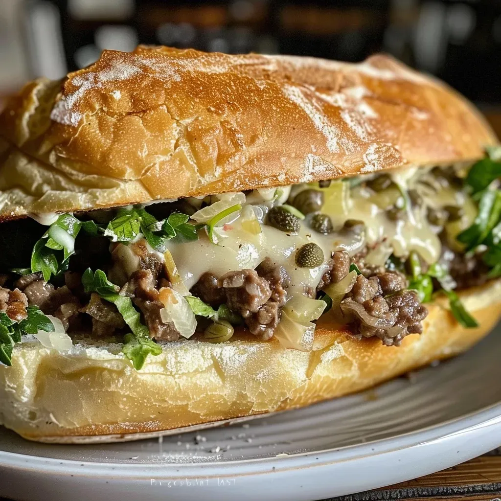 ['Close-up of a juicy ground beef and celery root sandwich on a brioche bun.', 'Side view of a delicious sandwich filled with ground beef and creamy celery root spread.', 'A mouthwatering sandwich showcasing ground beef and celery root, garnished with fresh greens.', 'Richly textured ground beef and celery root sandwich displayed on a rustic wooden surface.']