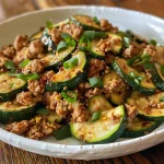 ['A vibrant close-up of a ground turkey and zucchini stir-fry with colorful ingredients.', 'Juicy ground turkey mixed with half-moon sliced zucchinis in a skillet.', 'A side view of a one-pan stir-fry featuring ground turkey, zucchinis, and garnished with green onions.', 'A mouth-watering dish of ground turkey and zucchini stir-fry captured in bright, natural lighting.']