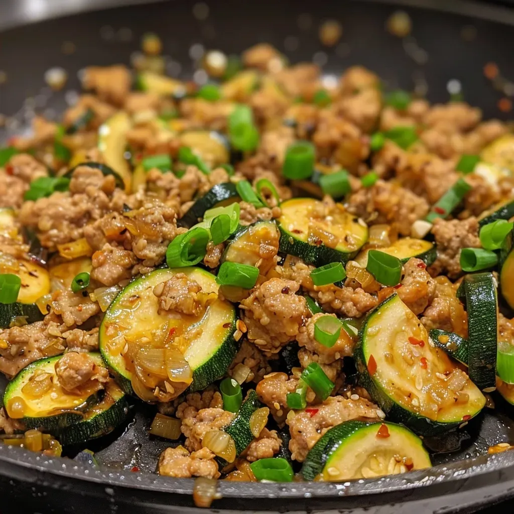 ['A vibrant close-up of a ground turkey and zucchini stir-fry with colorful ingredients.', 'Juicy ground turkey mixed with half-moon sliced zucchinis in a skillet.', 'A side view of a one-pan stir-fry featuring ground turkey, zucchinis, and garnished with green onions.', 'A mouth-watering dish of ground turkey and zucchini stir-fry captured in bright, natural lighting.']