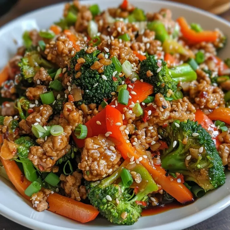 ['Close-up view of a vibrant ground turkey and broccoli stir fry with colorful vegetables.', 'Side view of ground turkey stir fry with broccoli, red bell pepper, and green onions on a plate.', 'Juicy ground turkey and broccoli stir fry showcased with bright vegetables and garnished with sesame seeds.', 'Delicious ground turkey stir fry featuring broccoli florets, sliced bell pepper, and green onions.']