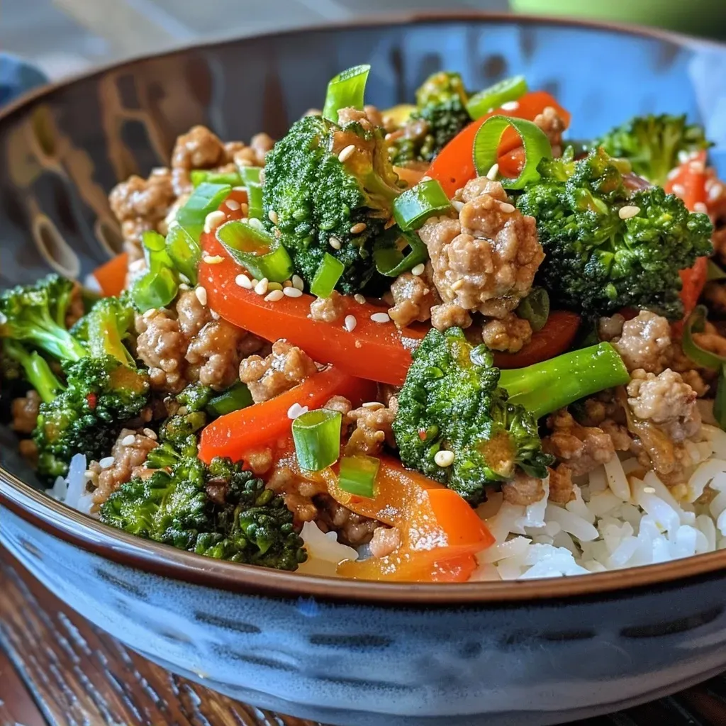 ['Close-up view of a vibrant ground turkey and broccoli stir fry with colorful vegetables.', 'Side view of ground turkey stir fry with broccoli, red bell pepper, and green onions on a plate.', 'Juicy ground turkey and broccoli stir fry showcased with bright vegetables and garnished with sesame seeds.', 'Delicious ground turkey stir fry featuring broccoli florets, sliced bell pepper, and green onions.']