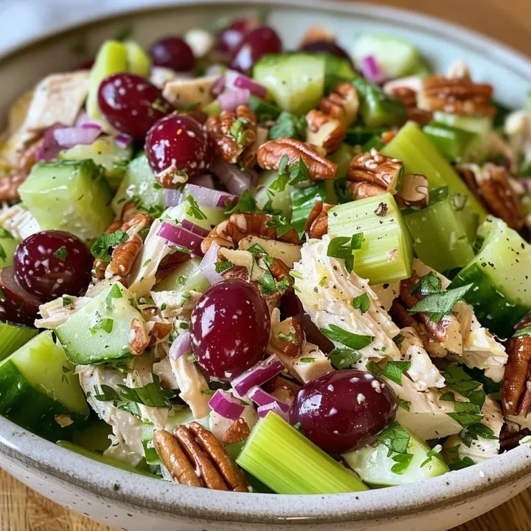 ['Close-up of a healthy chicken salad with grapes, celery, and nuts.', 'Side view of a colorful chicken salad featuring shredded chicken and red grapes.', 'Juicy chicken salad in a bowl with a mix of vegetables and dressing.', 'Freshly made chicken salad showcasing ingredients like celery and pecans.']