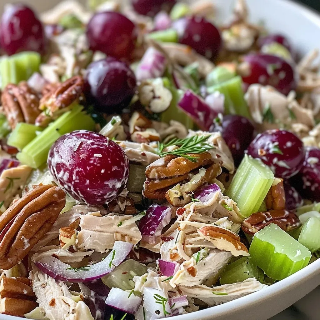 ['Close-up of a healthy chicken salad with grapes, celery, and nuts.', 'Side view of a colorful chicken salad featuring shredded chicken and red grapes.', 'Juicy chicken salad in a bowl with a mix of vegetables and dressing.', 'Freshly made chicken salad showcasing ingredients like celery and pecans.']