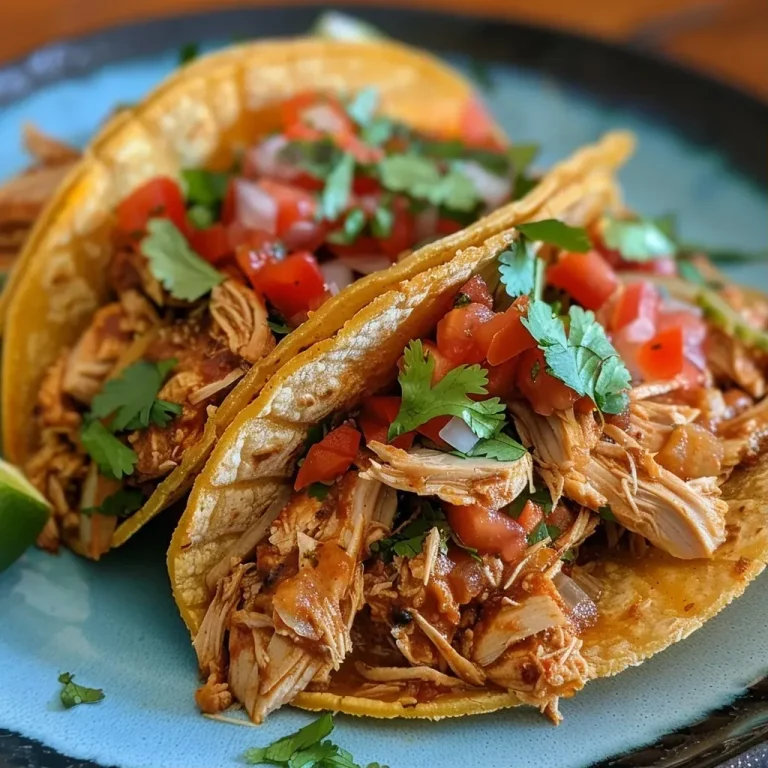 ['Close-up view of Healthy Crockpot Chicken Tacos with fresh toppings.', 'Juicy chicken tacos served in a soft tortilla, garnished with lime.', 'Side view of Healthy Crockpot Chicken Tacos showcasing vibrant salsa.', 'Delicious-looking chicken tacos with colorful ingredients on a plate.']