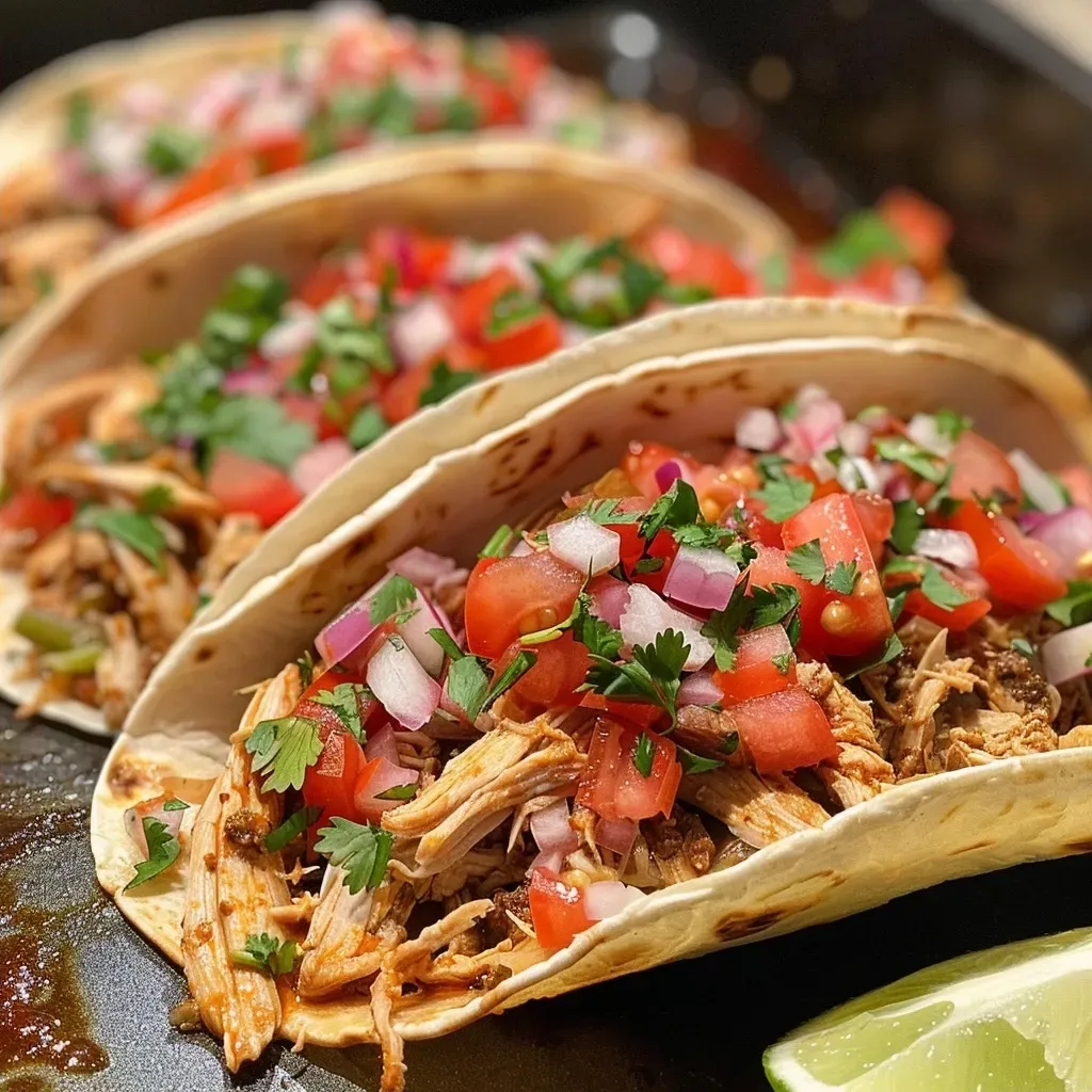 ['Close-up view of Healthy Crockpot Chicken Tacos with fresh toppings.', 'Juicy chicken tacos served in a soft tortilla, garnished with lime.', 'Side view of Healthy Crockpot Chicken Tacos showcasing vibrant salsa.', 'Delicious-looking chicken tacos with colorful ingredients on a plate.']