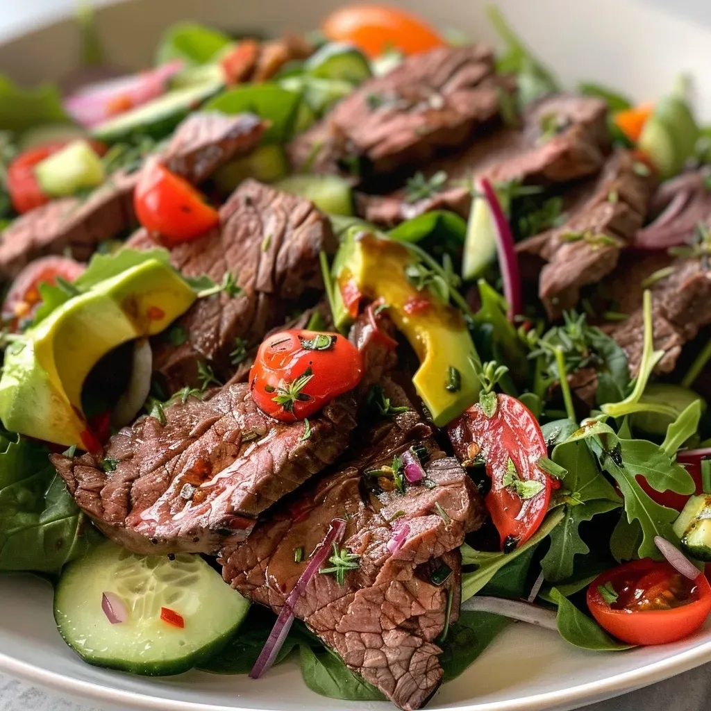 ['A vibrant low-carb beef salad featuring various vegetables and lean beef cuts.', 'Close-up view of a nutritious beef salad with greens, colorful veggies, and toppings.', 'A detailed shot of a healthy salad with juicy beef, mixed greens, and a variety of toppings.', 'An appetizing low-carb beef salad showcasing fresh ingredients including avocado and cherry tomatoes.']