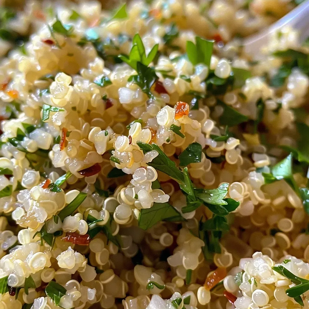 ['Close-up view of a bowl filled with herb and garlic quinoa mixed with colorful herbs.', 'Side angle shot of fluffy quinoa garnished with herbs and spices on a wooden table.', 'Textured close-up of cooked quinoa with visible garlic and herbs, served in a rustic dish.', 'Detailed image of herb and garlic quinoa, showcasing grains and seasoning blend.']