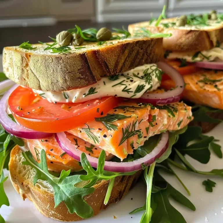 ['Herbed salmon sandwich on sourdough bread with caper spread, tomato, and arugula.', 'Close-up view of a juicy herbed salmon sandwich with fresh greens and colorful toppings.', 'Side view of a salmon sandwich showcasing layers of salmon, arugula, and tomato.', 'Delicious herbed salmon sandwich featuring a lemon-caper spread and vibrant vegetables.']