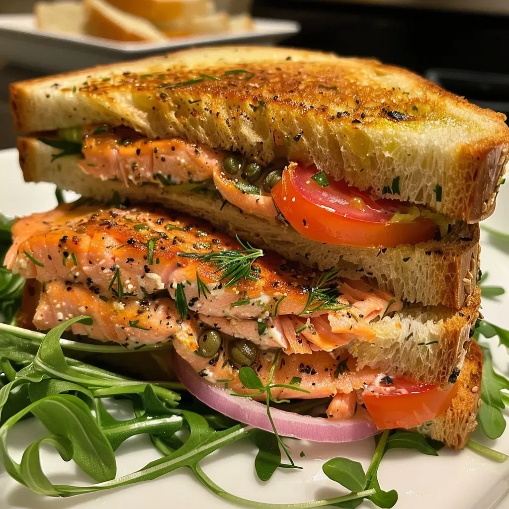 ['Herbed salmon sandwich on sourdough bread with caper spread, tomato, and arugula.', 'Close-up view of a juicy herbed salmon sandwich with fresh greens and colorful toppings.', 'Side view of a salmon sandwich showcasing layers of salmon, arugula, and tomato.', 'Delicious herbed salmon sandwich featuring a lemon-caper spread and vibrant vegetables.']