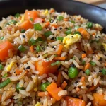 ['Close-up view of Hibachi Fried Rice with colorful vegetables.', 'Side view of a plate of Hibachi Fried Rice garnished with green onions.', 'Juicy, vibrant Hibachi Fried Rice featuring peas and carrots.', 'Detailed shot of Hibachi Fried Rice showing rice grains and vegetables.']