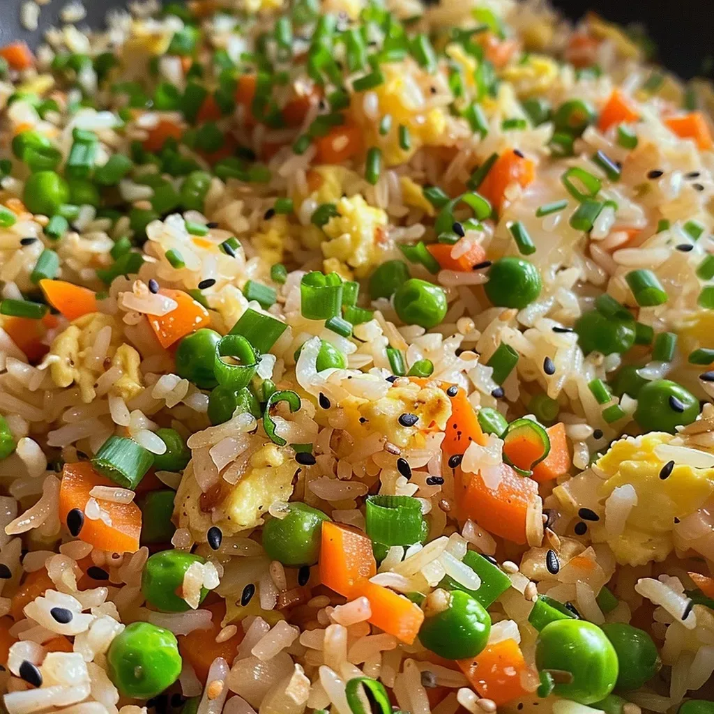 ['Close-up view of Hibachi Fried Rice with colorful vegetables.', 'Side view of a plate of Hibachi Fried Rice garnished with green onions.', 'Juicy, vibrant Hibachi Fried Rice featuring peas and carrots.', 'Detailed shot of Hibachi Fried Rice showing rice grains and vegetables.']