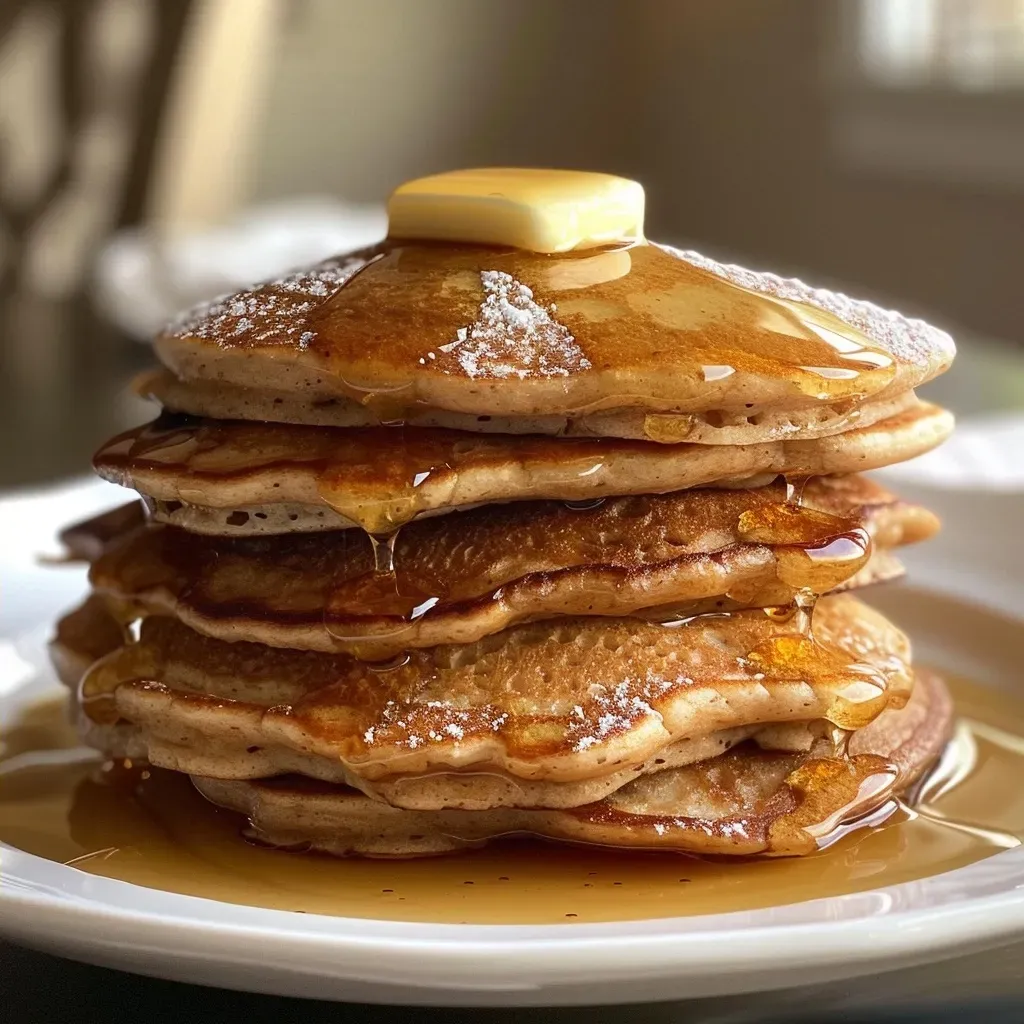 ['Close-up view of fluffy whole wheat honey pancakes stacked on a plate, glistening with honey.', 'Side view of warm, golden-brown pancakes drizzled with honey, topped with butter and cinnamon.', 'Mouthwatering whole wheat honey pancakes garnished with a pat of butter and honey drizzle.', 'Delicious stack of whole wheat honey pancakes served on a white plate with a rustic background.']