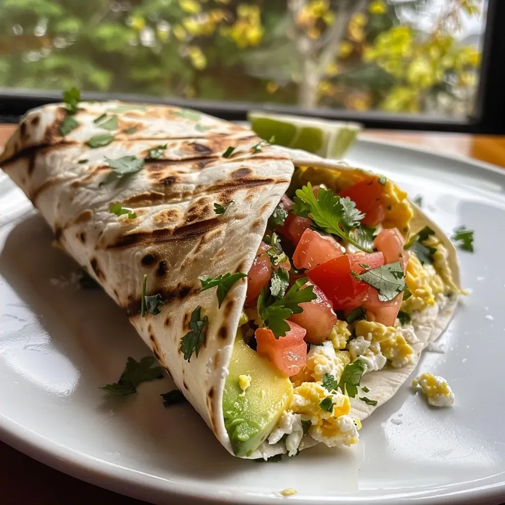 ['Close-up view of a high-protein breakfast wrap filled with cottage cheese, avocado, and vegetables.', 'Side view of a delicious breakfast wrap showcasing creamy cottage cheese and fresh avocado slices.', 'Juicy breakfast wrap with colorful ingredients, including diced tomatoes and cilantro, presented on a plate.', 'High-protein breakfast wrap made with whole-wheat tortillas, filled with healthy ingredients, displayed attractively.']