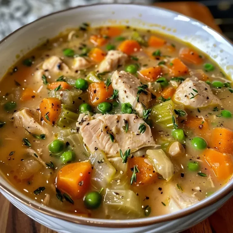 ['A close-up side view of a bowl of High Protein Chicken Pot Pie Soup with visible chunks of chicken and vegetables.', 'A hearty serving of Chicken Pot Pie Soup showcasing colorful vegetables and a creamy texture.', 'A side angle photo of Chicken Pot Pie Soup, highlighting its rich broth and hearty ingredients.', 'Delicious Chicken Pot Pie Soup filled with diced chicken, carrots, celery, and peas in a bowl.']