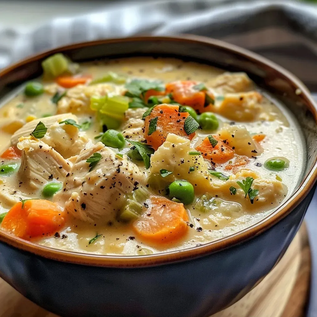 A close-up side view of a bowl of High Protein Chicken Pot Pie Soup with visible chunks of chicken and vegetables.
