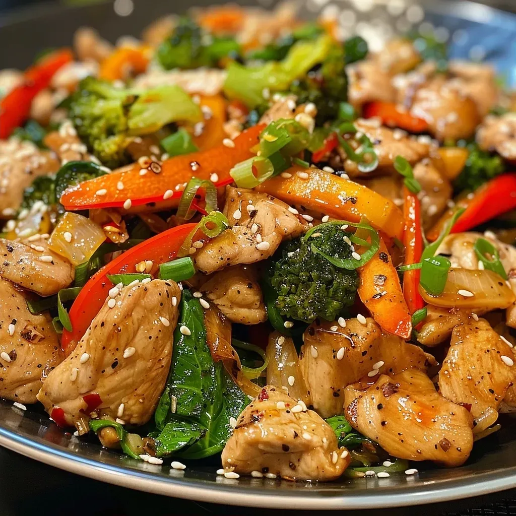 ['Close-up shot of a colorful chicken stir fry with vibrant vegetables.', 'Side view of a plate featuring juicy chicken stir fry with mixed veggies.', 'Detailed image of high protein chicken stir fry, showcasing fresh ingredients.', 'Visual of a delicious chicken stir fry loaded with bright, crisp vegetables.']