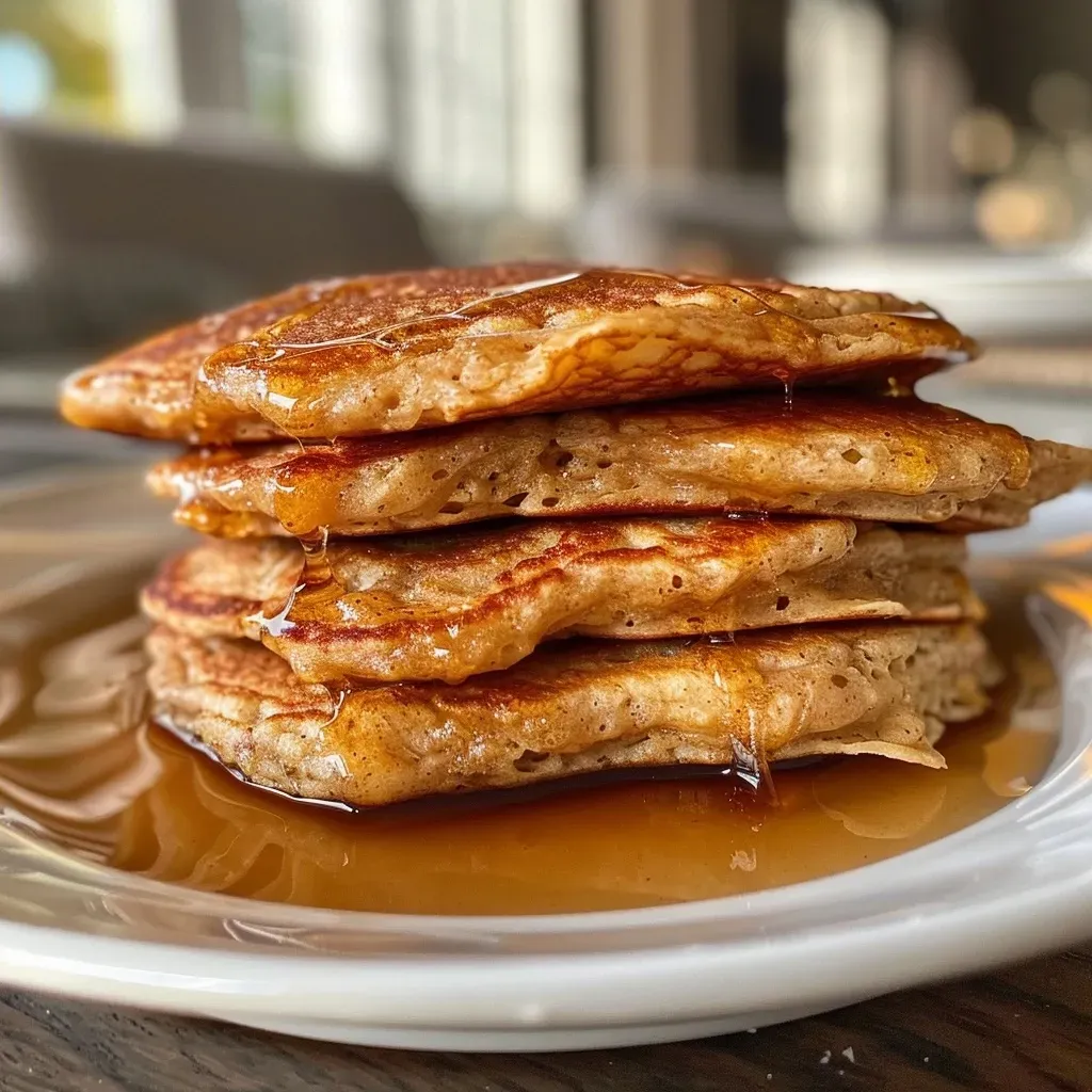 ['Close-up side view of high-protein cottage cheese pancakes stacked on a plate.', 'Juicy high-protein pancakes made with cottage cheese, displayed in a close-up shot.', 'Delicious looking cottage cheese pancakes with a golden-brown exterior in side view.', 'Close-up image of fluffy, high-protein pancakes topped and ready to serve.']