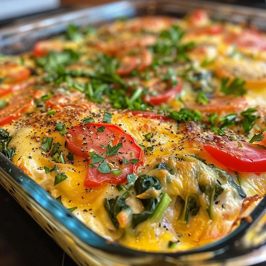 ['Close-up view of a baked dish featuring cottage cheese and colorful vegetables.', 'Side view of a high-protein veggie bake with layers of cheese and vegetables.', 'Juicy vegetarian bake with cottage cheese, spinach, and bell peppers on display.', 'High-protein vegetable casserole highlighting cottage cheese and fresh ingredients.']