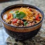 ['Close-up side view of a creamy, high-protein taco soup in a bowl.', 'Rich, creamy taco soup featuring ground turkey, cheese, and beans.', 'Delicious high-protein taco soup with a smooth texture and vibrant ingredients.', 'Bowl of creamy taco soup filled with ground meat, beans, and a rich cheese topping.']