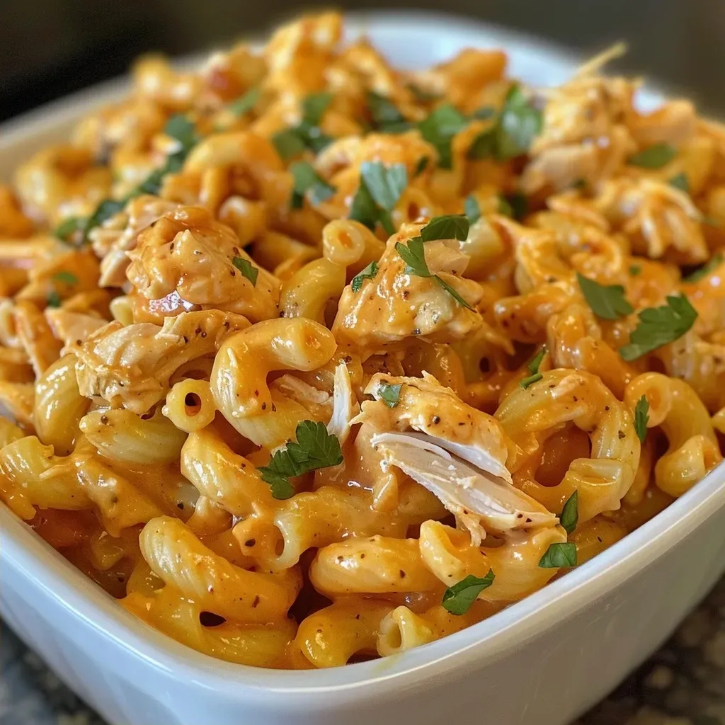 ['Close-up of a creamy mac and cheese dish with honey BBQ chicken.', 'Side view of high protein mac and cheese with shredded chicken and melted cheese.', 'Juicy macaroni and cheese topped with honey BBQ chicken and cheese blend.', 'Dish of macaroni featuring honey BBQ chicken and a creamy cheese sauce.']