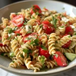 ['Close-up view of a creamy high-protein pasta salad with chicken, featuring colorful vegetables.', 'Side view of a nutritious pasta salad made with Greek yogurt, chicken, and fresh veggies.', 'Juicy chicken pasta salad with vibrant cherry tomatoes and cucumbers in a creamy dressing.', 'A bowl of high-protein pasta salad showcasing diced chicken, fusilli pasta, and mozzarella.']