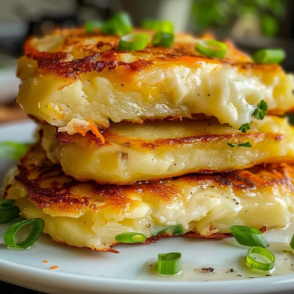 ['Close-up of golden-brown potato pancakes stacked on a plate, with visible green onion pieces.', 'Side view of crispy potato pancakes topped with shredded cheddar cheese, showcasing their texture.', 'Juicy high protein potato pancakes arranged on a wooden table, highlighting their savory ingredients.', 'Freshly cooked potato pancakes sizzling in oil, displaying a rich golden hue and garnished with green onions.']