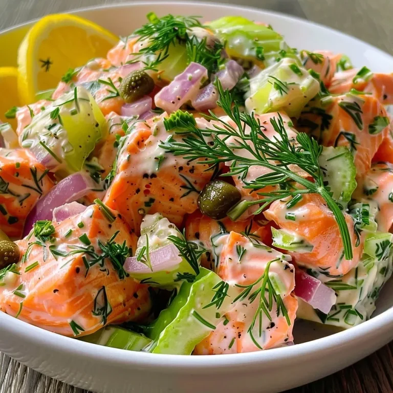 ['Close-up of a High-Protein Salmon Salad featuring a vibrant mix of ingredients.', 'Side view of a delicious salmon salad, showcasing fresh elements and dressing.', 'Juicy salmon salad with Greek yogurt, dill, and lemon, captured in detail.', 'A colorful high-protein salad with salmon and veggies, garnished with dill.']