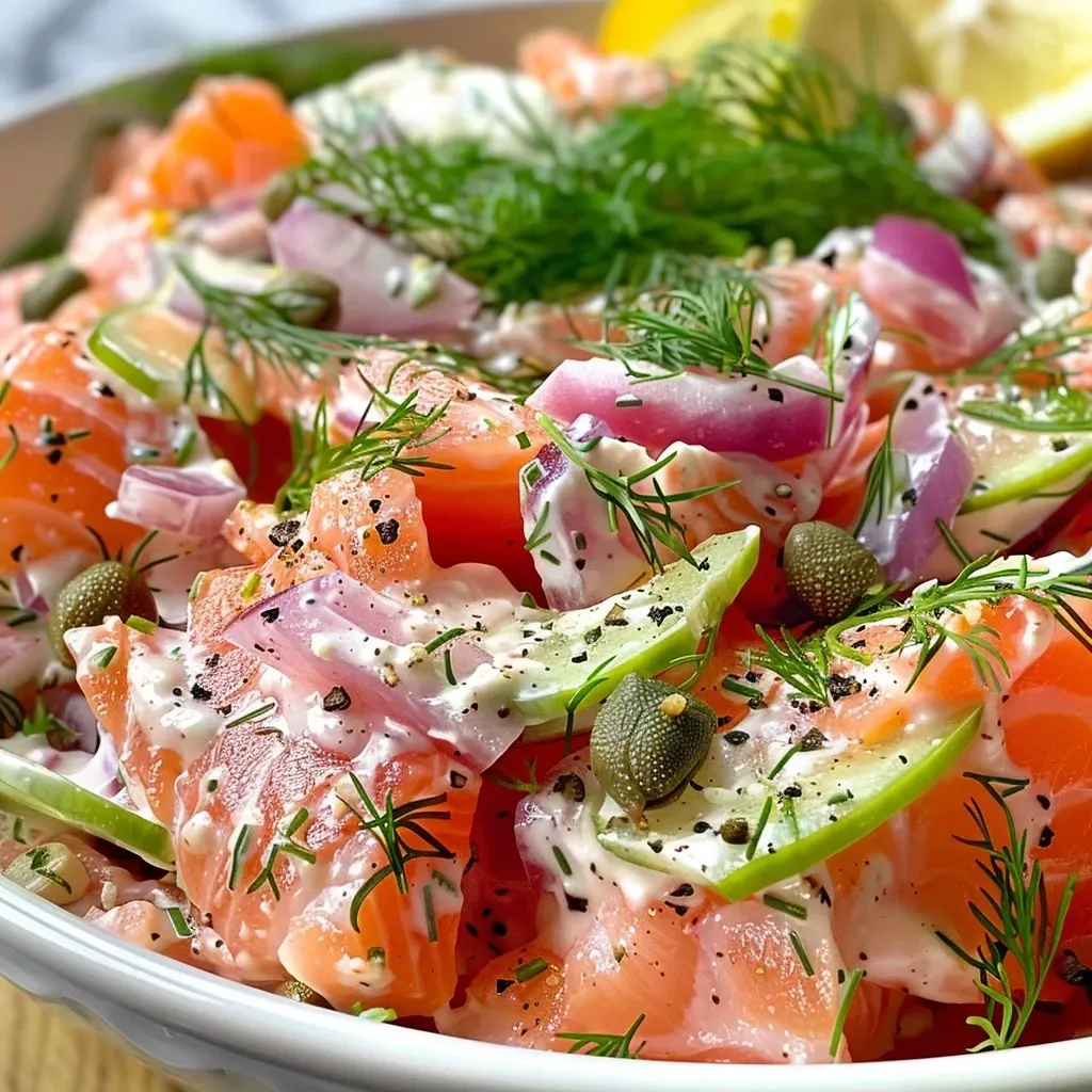 ['Close-up of a High-Protein Salmon Salad featuring a vibrant mix of ingredients.', 'Side view of a delicious salmon salad, showcasing fresh elements and dressing.', 'Juicy salmon salad with Greek yogurt, dill, and lemon, captured in detail.', 'A colorful high-protein salad with salmon and veggies, garnished with dill.']