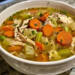 ['Close-up view of a bowl of homemade chicken soup with visible chunks of chicken and vegetables.', 'Side view of a steaming bowl of chicken soup, showcasing noodles and fresh herbs.', 'Detailed shot of homemade chicken soup filled with carrots, celery, and aromatic herbs.', 'Portion of delicious chicken soup with a rich broth and colorful vegetables, captured from the side.']